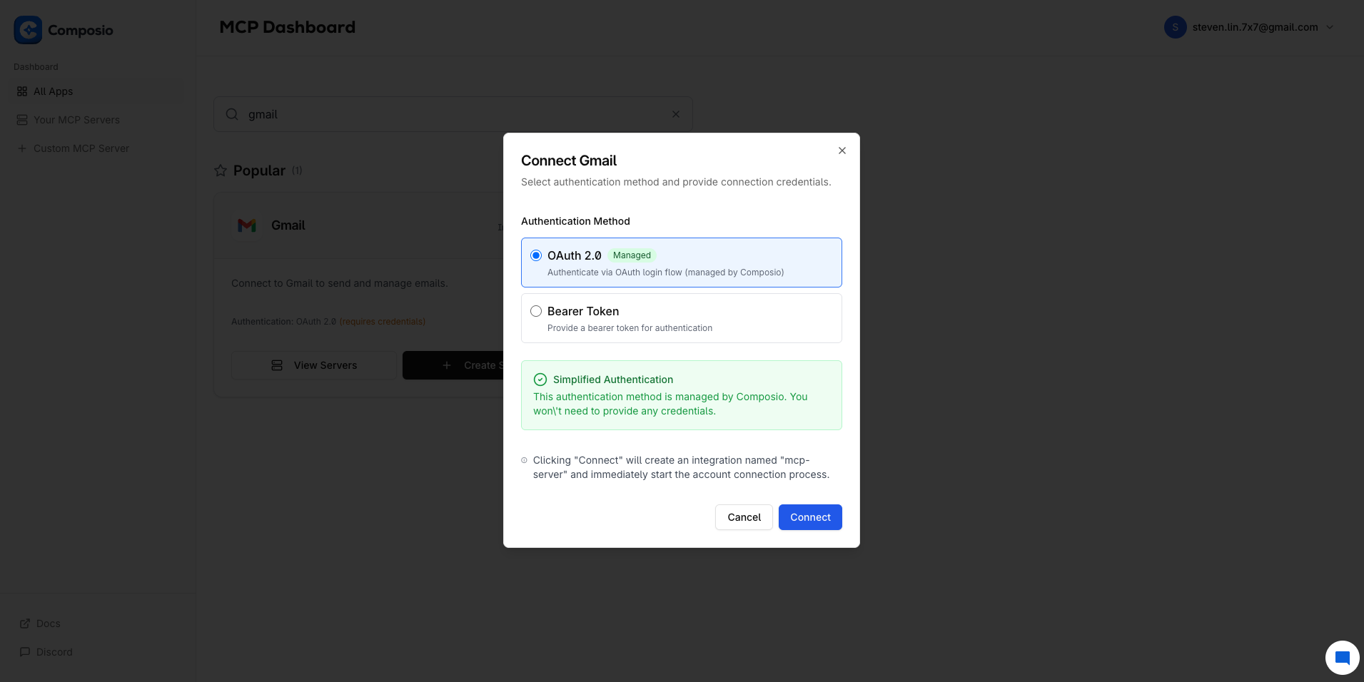 Composio MCP Login Button Location