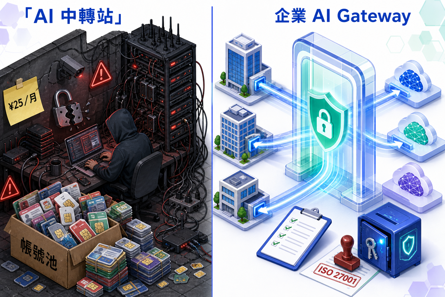 Comparison between an unofficial AI relay and an enterprise AI Gateway